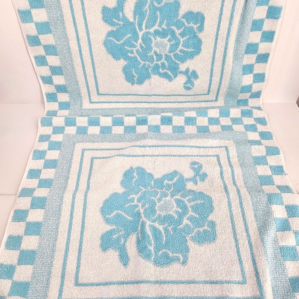 Vintage Sears Floral Checkerboard Bath Towel Blue White Cotton Retro ~26x52